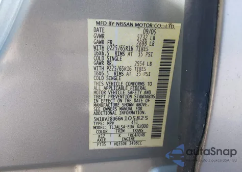 2006 Nissan Quest 3.5 S z USA, uszkodzony, nr VIN 5N1BV28U66N105825